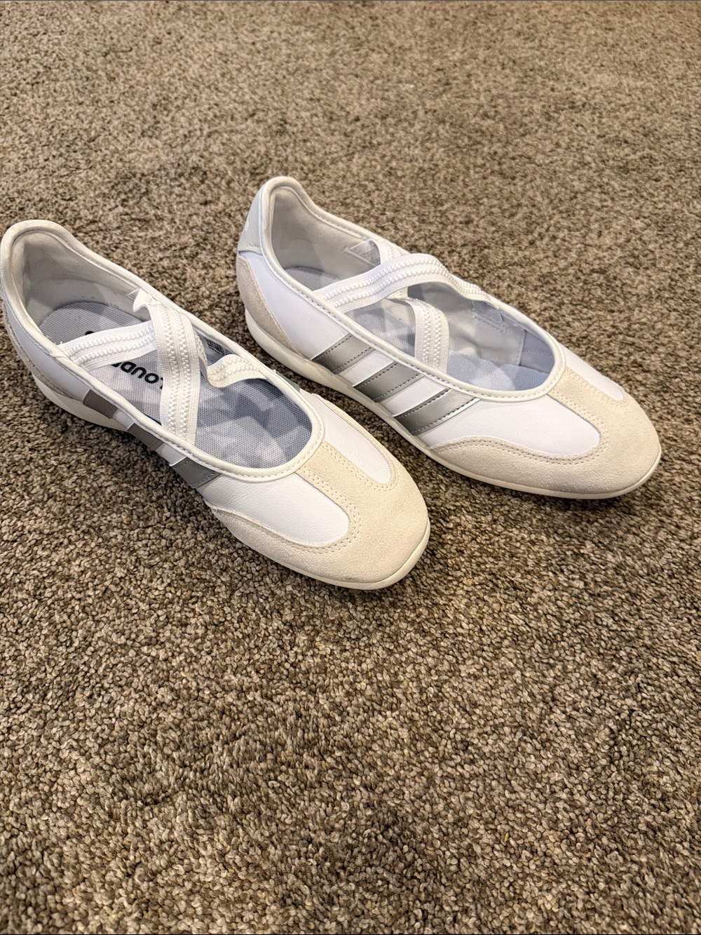 adidas Women's White and Silver Cross-Strap Ballet Sneaker Flats